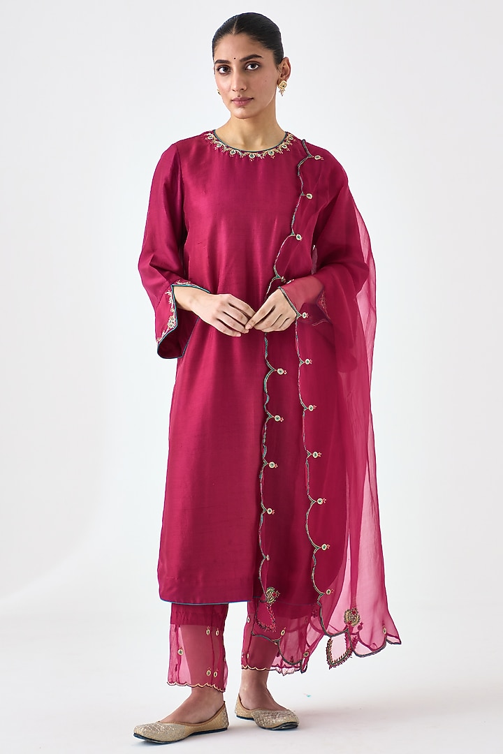 Wine Dupion Silk Embroidered Kurta Set by JANKI INDIA at Pernia's Pop Up Shop