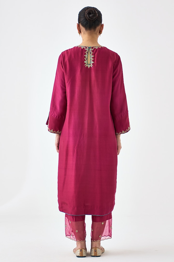 Wine Dupion Silk Embroidered Kurta Set by JANKI INDIA at Pernia's Pop Up Shop