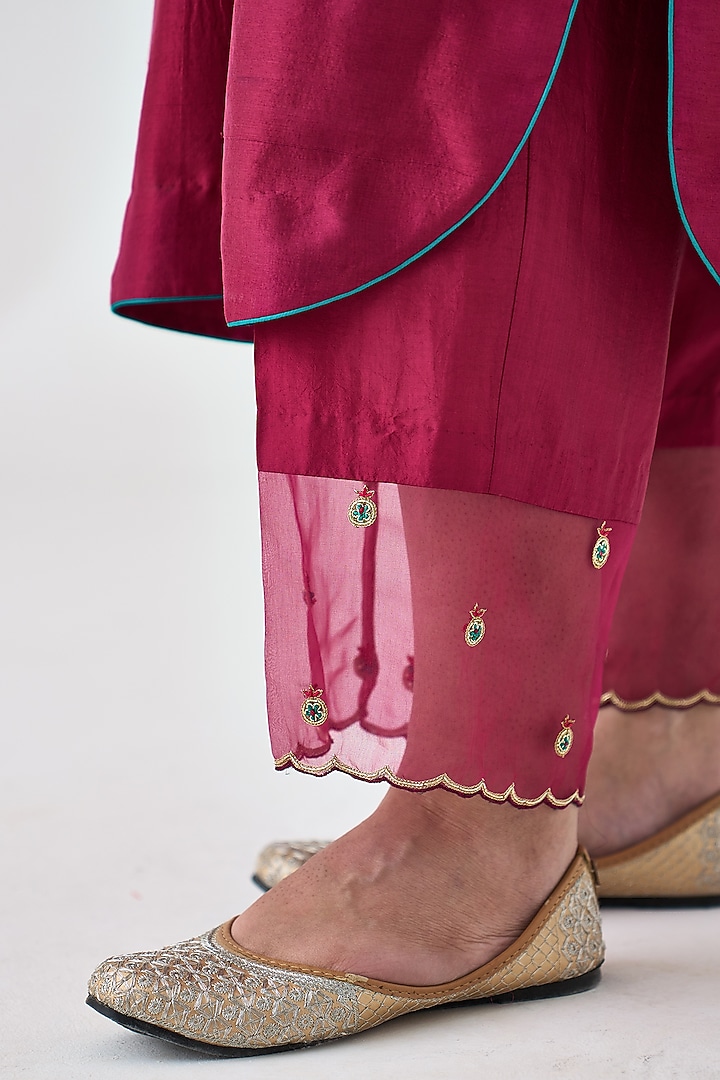 Wine Dupion Silk Embroidered Kurta Set by JANKI INDIA at Pernia's Pop Up Shop