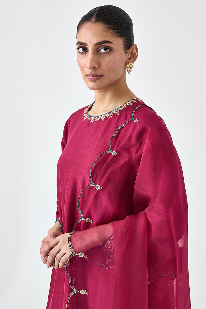 Wine Dupion Silk Embroidered Kurta Set by JANKI INDIA at Pernia's Pop Up Shop