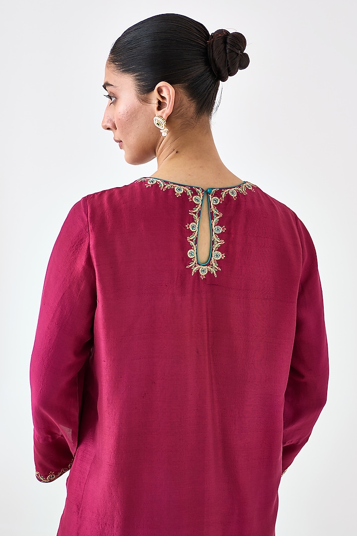 Wine Dupion Silk Embroidered Kurta Set by JANKI INDIA at Pernia's Pop Up Shop