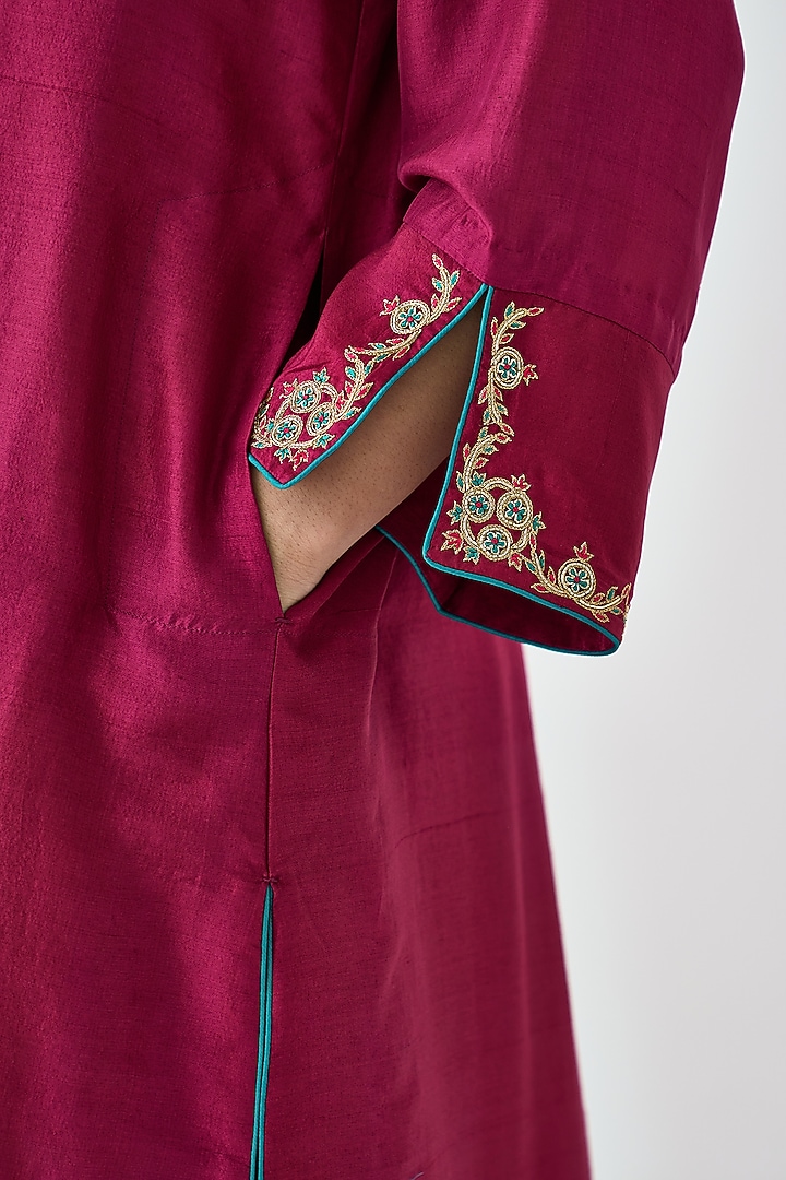 Wine Dupion Silk Embroidered Kurta Set by JANKI INDIA at Pernia's Pop Up Shop