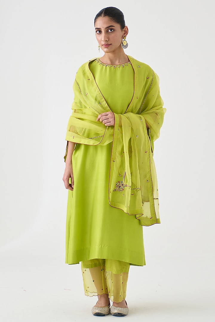 Lime Green Dupion Silk Embroidered Kurta Set by JANKI INDIA at Pernia's Pop Up Shop