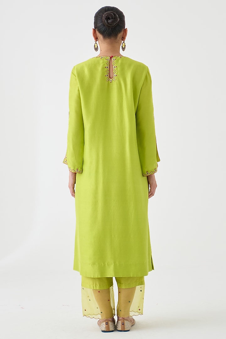 Lime Green Dupion Silk Embroidered Kurta Set by JANKI INDIA at Pernia's Pop Up Shop