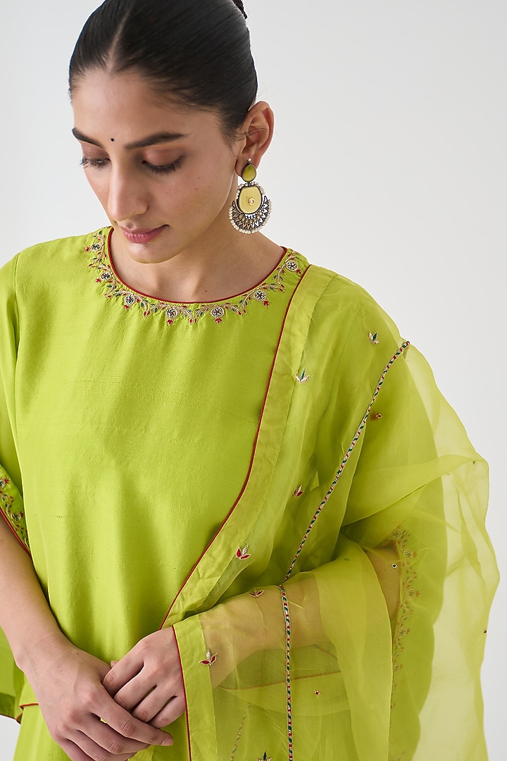 Lime Green Dupion Silk Embroidered Kurta Set by JANKI INDIA at Pernia's Pop Up Shop