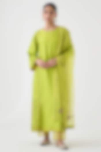 Lime Green Dupion Silk Embroidered Kurta Set by JANKI INDIA at Pernia's Pop Up Shop