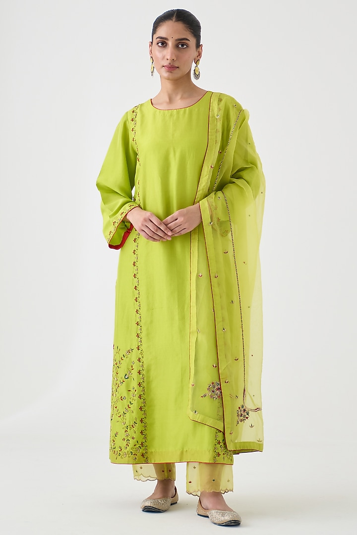 Lime Green Dupion Silk Embroidered Kurta Set by JANKI INDIA at Pernia's Pop Up Shop