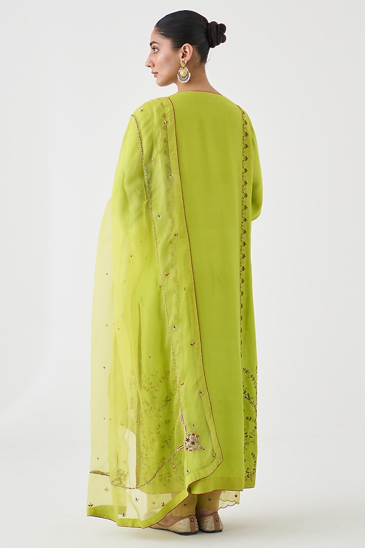 Lime Green Dupion Silk Embroidered Kurta Set by JANKI INDIA at Pernia's Pop Up Shop