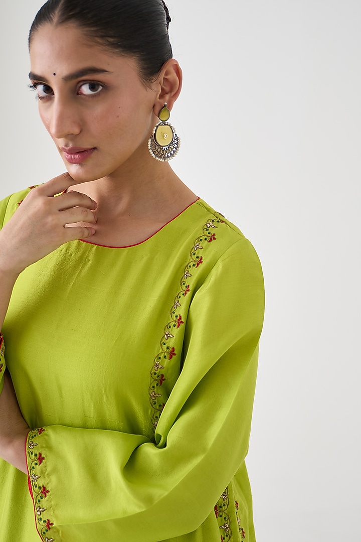 Lime Green Dupion Silk Embroidered Kurta Set by JANKI INDIA at Pernia's Pop Up Shop