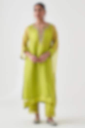 Lime Green Dupion Silk Embroidered Kaftan Set by JANKI INDIA at Pernia's Pop Up Shop