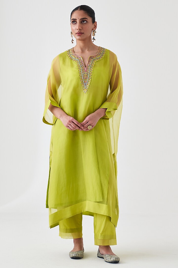 Lime Green Dupion Silk Embroidered Kaftan Set by JANKI INDIA at Pernia's Pop Up Shop