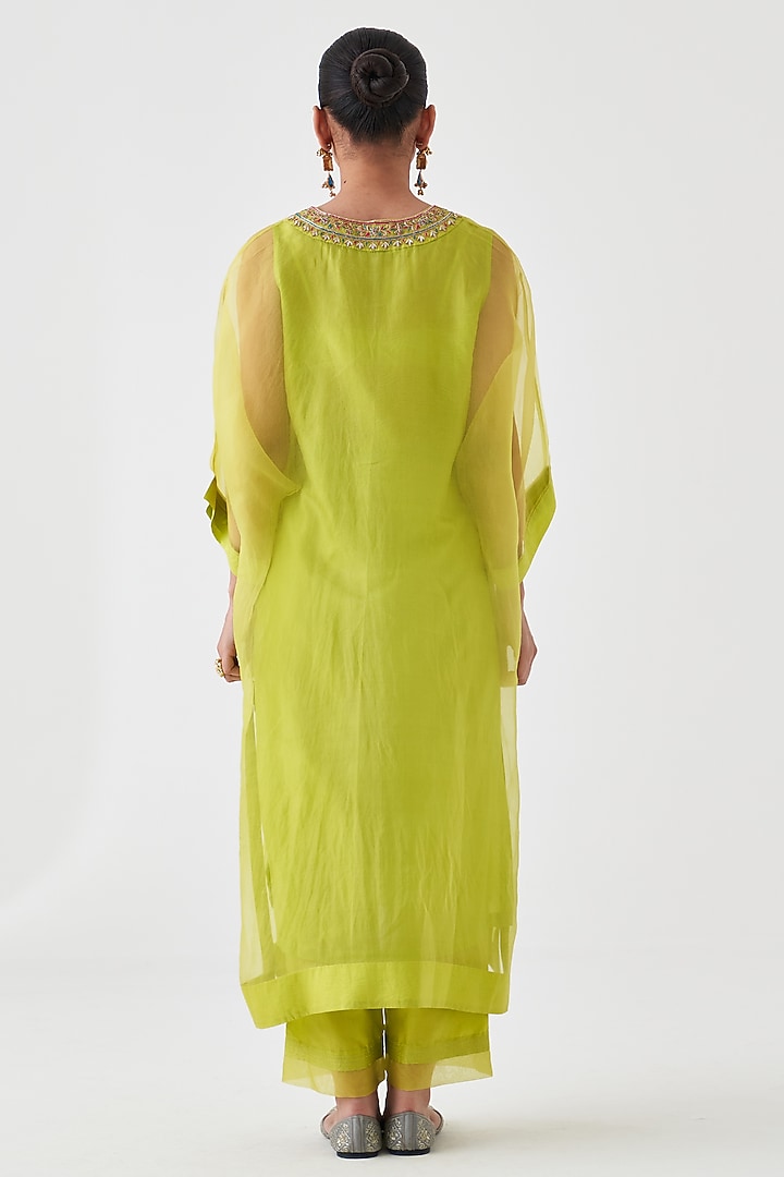 Lime Green Dupion Silk Embroidered Kaftan Set by JANKI INDIA at Pernia's Pop Up Shop