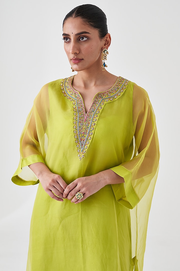 Lime Green Dupion Silk Embroidered Kaftan Set by JANKI INDIA at Pernia's Pop Up Shop