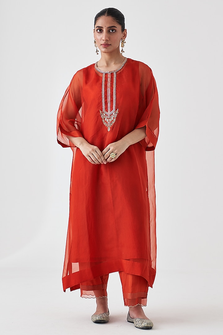 Rust Dupion Silk Embroidered Kaftan Set by JANKI INDIA at Pernia's Pop Up Shop