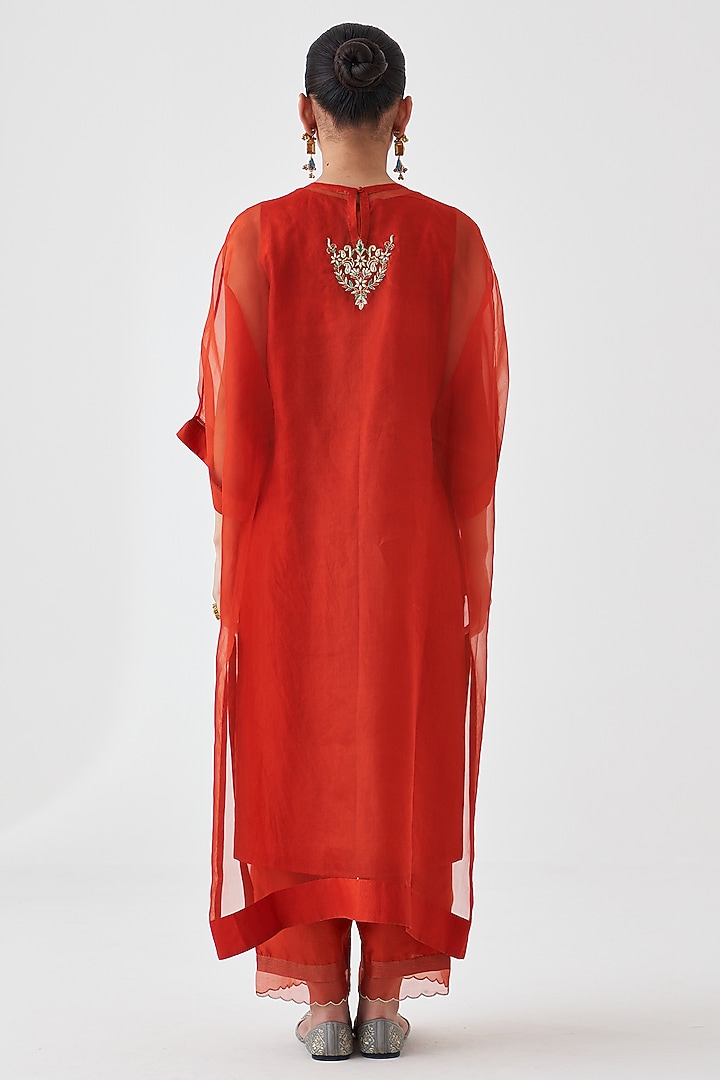 Rust Dupion Silk Embroidered Kaftan Set by JANKI INDIA at Pernia's Pop Up Shop
