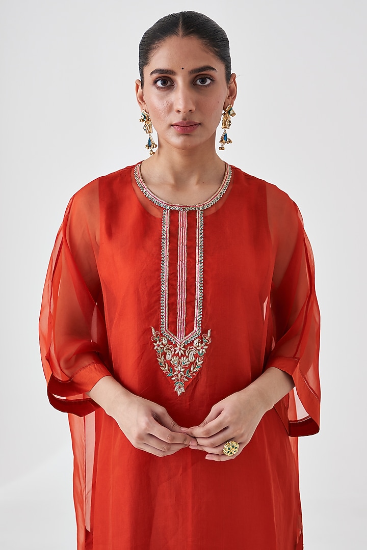 Rust Dupion Silk Embroidered Kaftan Set by JANKI INDIA at Pernia's Pop Up Shop