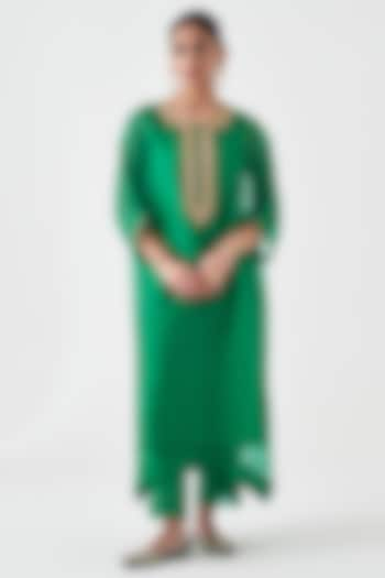 Green Dupion Silk Embroidered Kaftan Set by JANKI INDIA at Pernia's Pop Up Shop