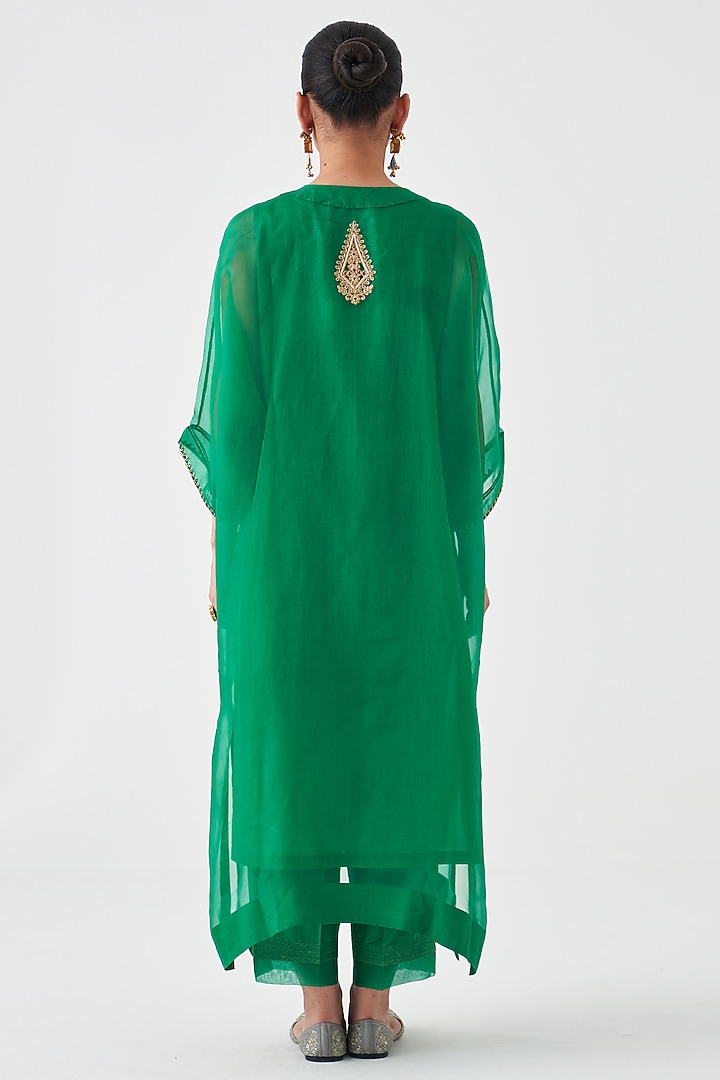 Green Dupion Silk Embroidered Kaftan Set by JANKI INDIA at Pernia's Pop Up Shop