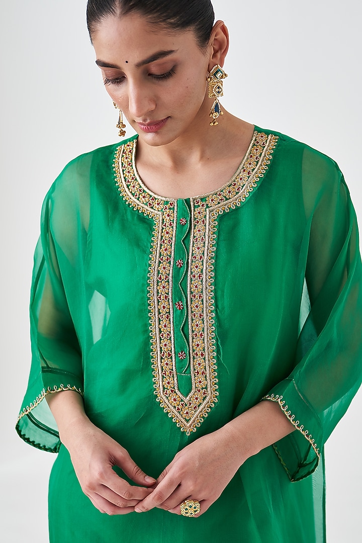 Green Dupion Silk Embroidered Kaftan Set by JANKI INDIA at Pernia's Pop Up Shop