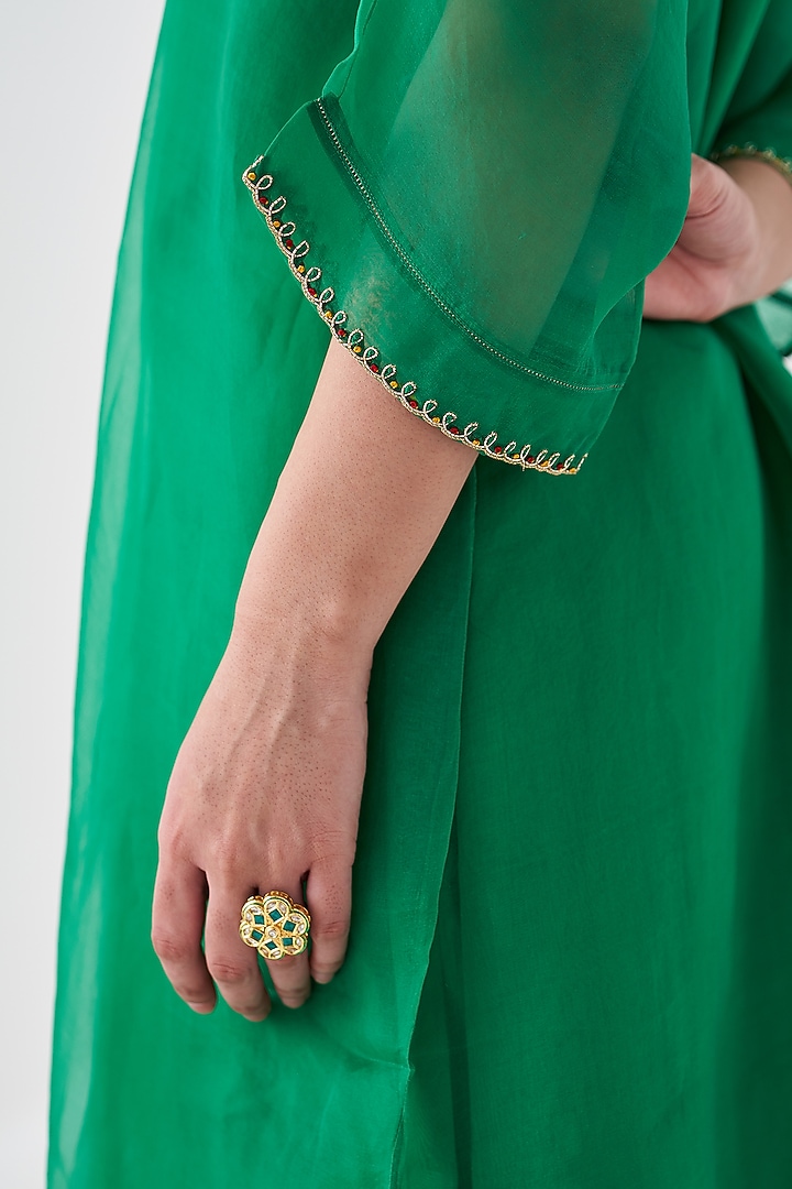 Green Dupion Silk Embroidered Kaftan Set by JANKI INDIA at Pernia's Pop Up Shop