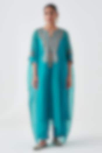 Turquoise Dupion Silk Embroidered Kaftan Set by JANKI INDIA at Pernia's Pop Up Shop