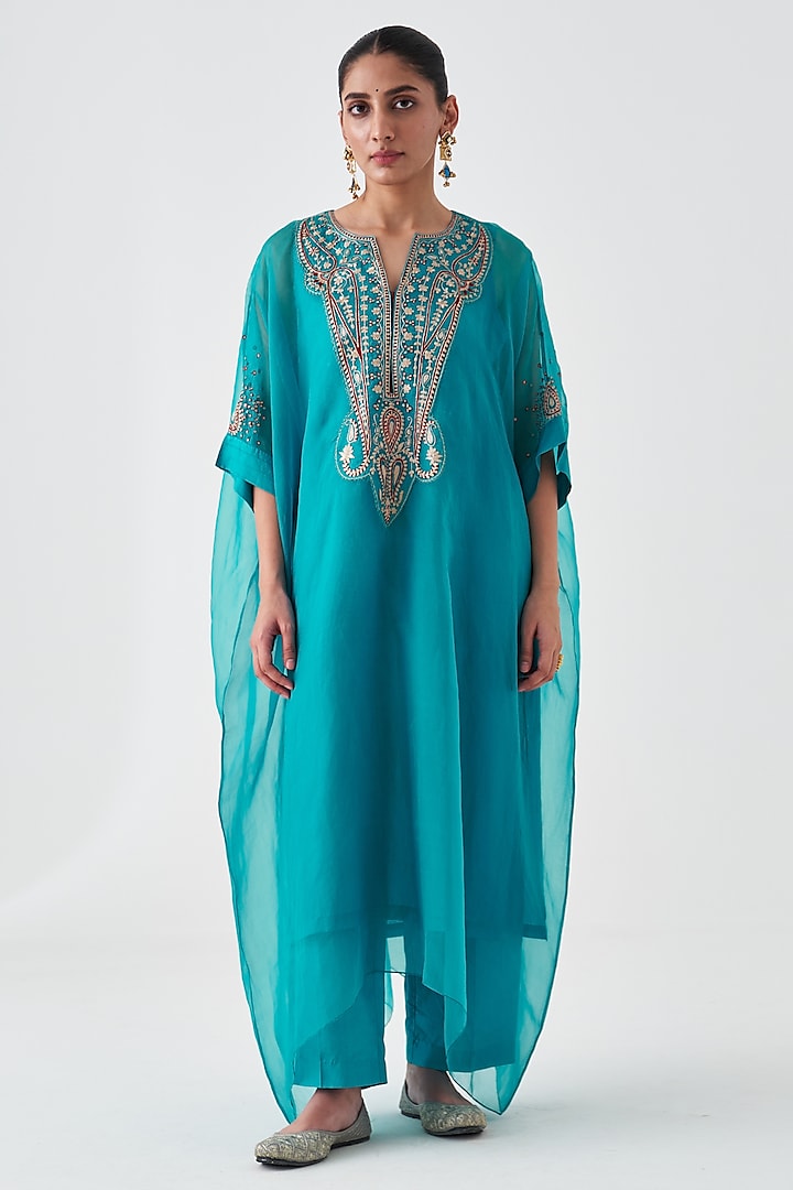 Turquoise Dupion Silk Embroidered Kaftan Set by JANKI INDIA at Pernia's Pop Up Shop