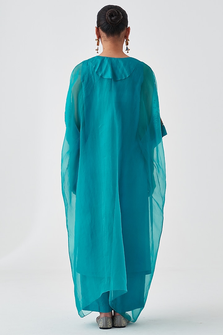 Turquoise Dupion Silk Embroidered Kaftan Set by JANKI INDIA at Pernia's Pop Up Shop