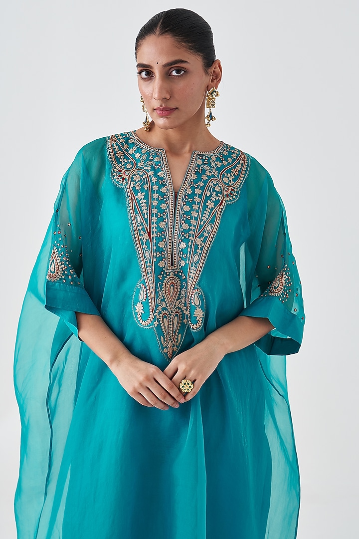 Turquoise Dupion Silk Embroidered Kaftan Set by JANKI INDIA at Pernia's Pop Up Shop