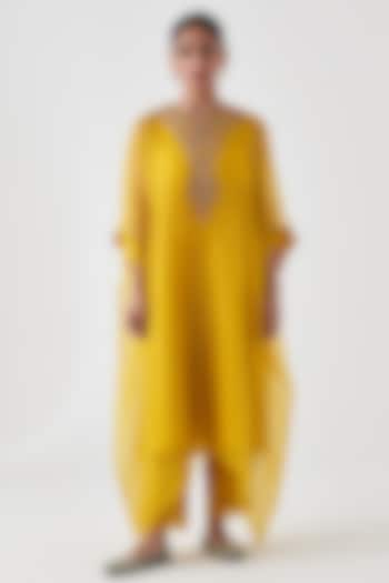 Yellow Dupion Silk Embroidered Kaftan Set by JANKI INDIA at Pernia's Pop Up Shop