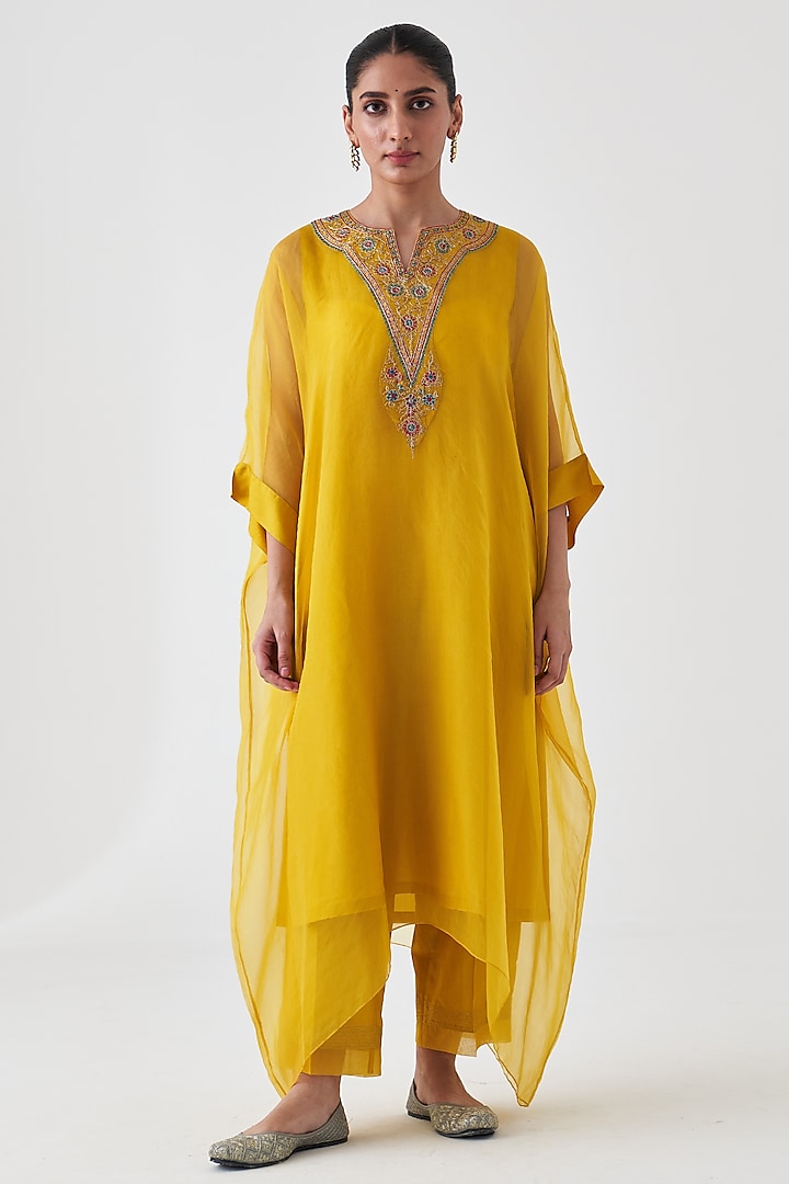 Yellow Dupion Silk Embroidered Kaftan Set by JANKI INDIA at Pernia's Pop Up Shop