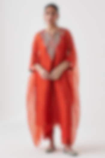 Rust Dupion Silk Embroidered Kaftan Set by JANKI INDIA at Pernia's Pop Up Shop