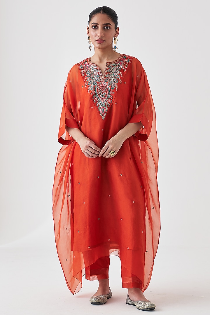 Rust Dupion Silk Embroidered Kaftan Set by JANKI INDIA at Pernia's Pop Up Shop