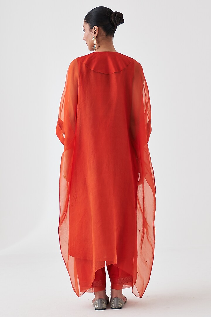 Rust Dupion Silk Embroidered Kaftan Set by JANKI INDIA at Pernia's Pop Up Shop