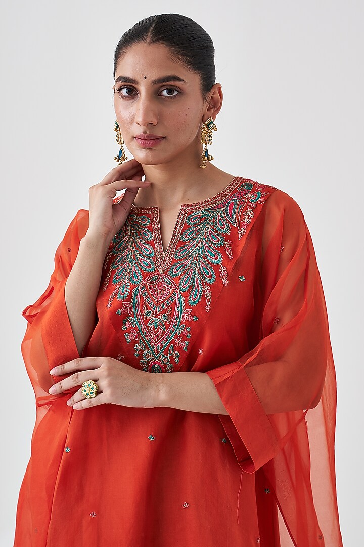 Rust Dupion Silk Embroidered Kaftan Set by JANKI INDIA at Pernia's Pop Up Shop