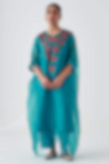 Turquoise Organza Embroidered Kaftan Set by JANKI INDIA at Pernia's Pop Up Shop