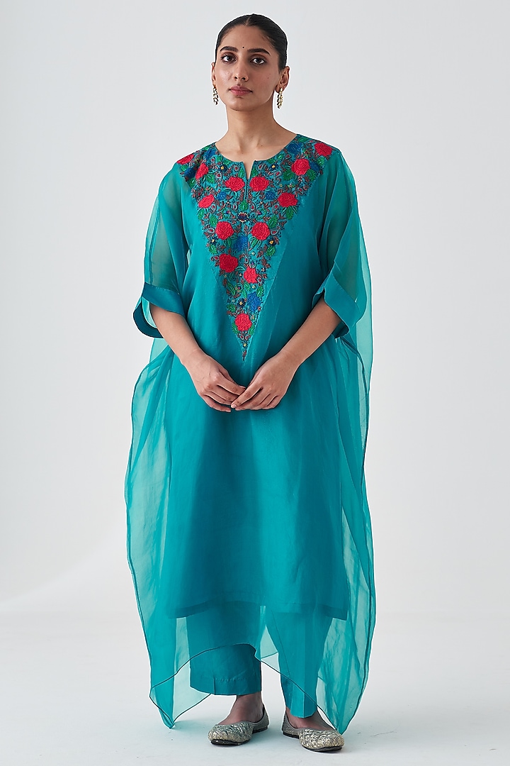 Turquoise Organza Embroidered Kaftan Set by JANKI INDIA at Pernia's Pop Up Shop