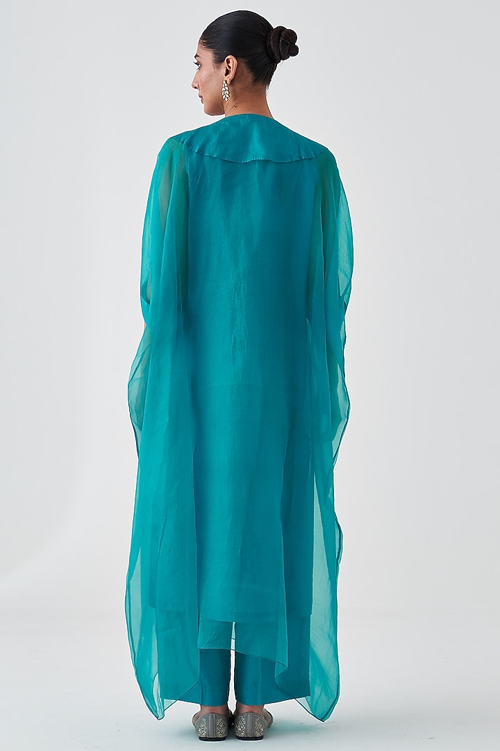 Turquoise Organza Embroidered Kaftan Set by JANKI INDIA at Pernia's Pop Up Shop
