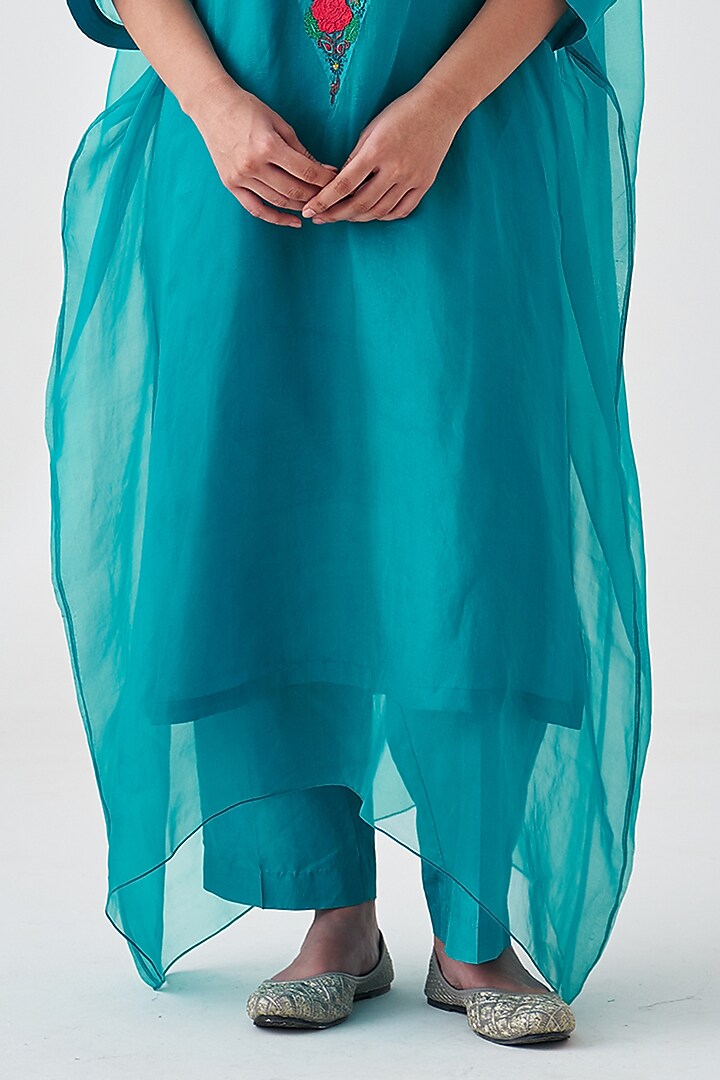 Turquoise Organza Embroidered Kaftan Set by JANKI INDIA at Pernia's Pop Up Shop