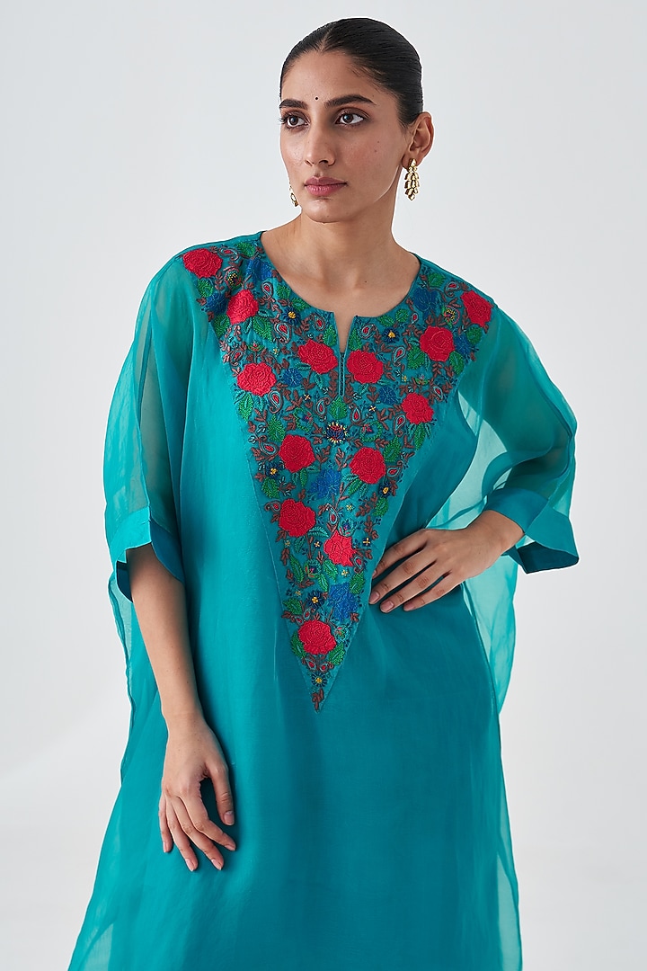 Turquoise Organza Embroidered Kaftan Set by JANKI INDIA at Pernia's Pop Up Shop