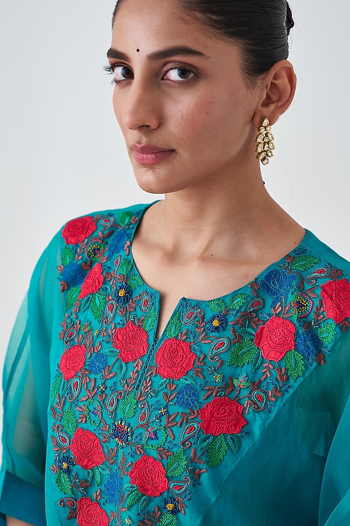Turquoise Organza Embroidered Kaftan Set by JANKI INDIA at Pernia's Pop Up Shop