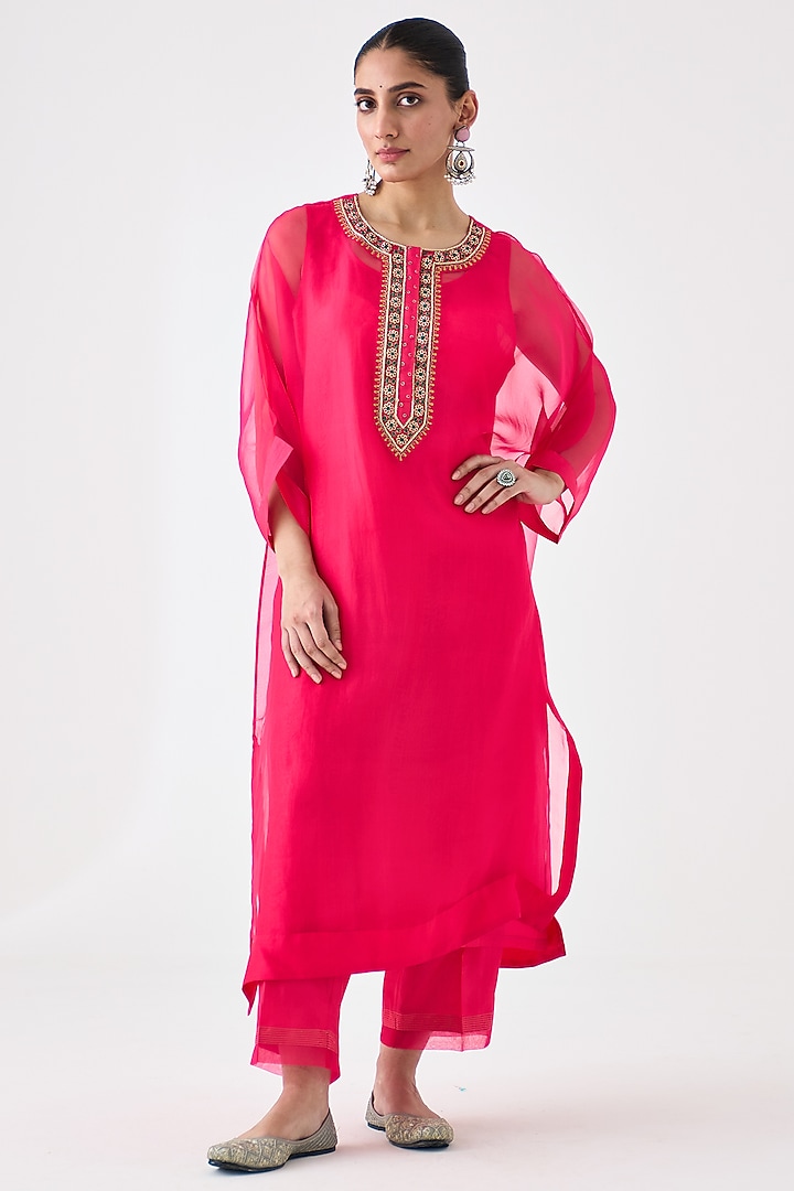 Fuchsia Organza Embroidered Kaftan Set by JANKI INDIA at Pernia's Pop Up Shop