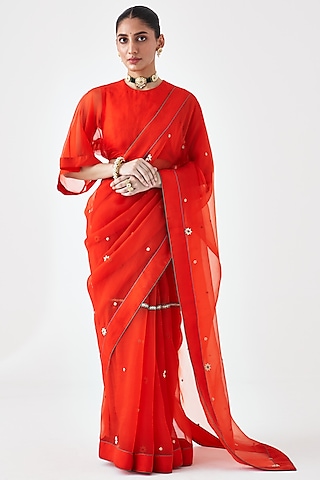 Orange Organza Embroidered Saree by JANKI INDIA