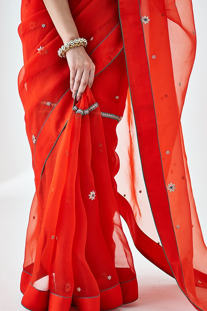 Orange Organza Embroidered Wedding Saree by JANKI INDIA at Pernia's Pop Up Shop
