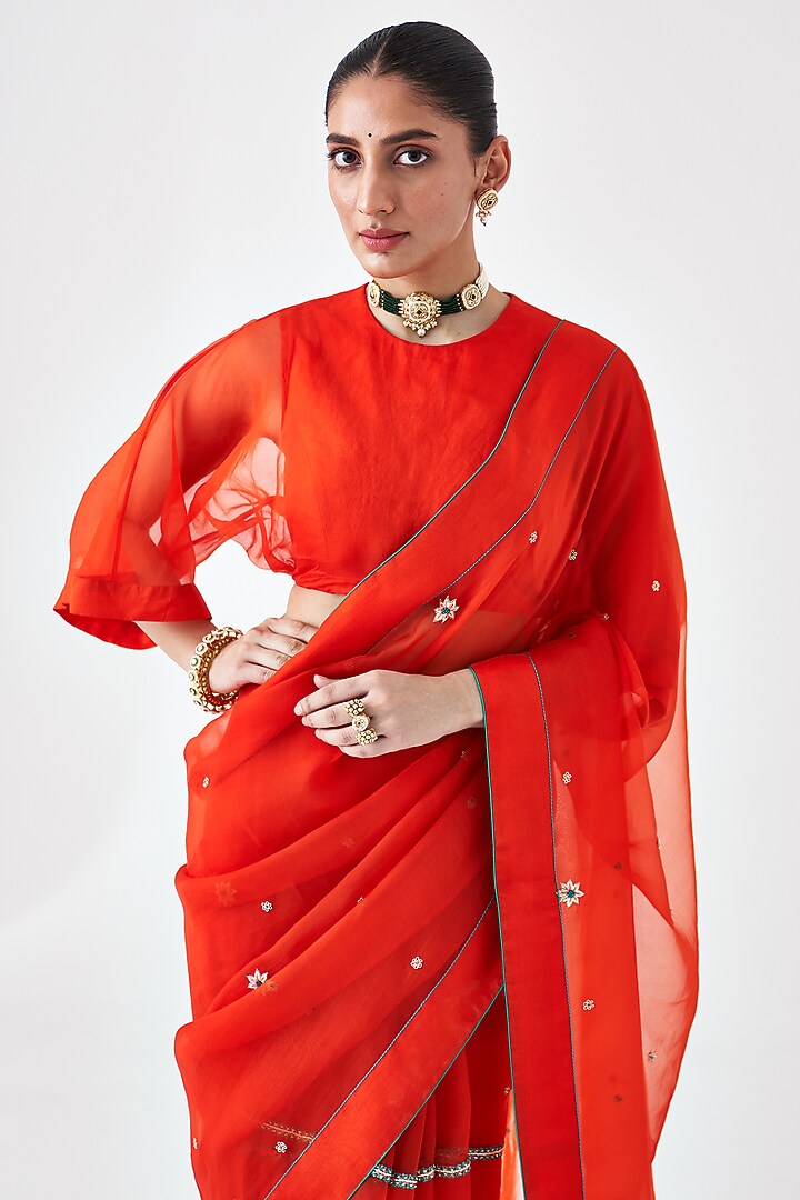 Orange Organza Embroidered Wedding Saree by JANKI INDIA at Pernia's Pop Up Shop