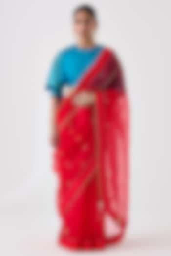 Red Organza Embroidered Saree by JANKI INDIA at Pernia's Pop Up Shop