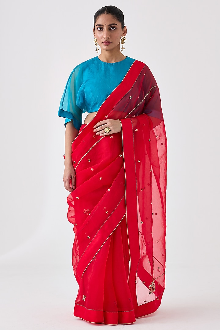 Red Organza Embroidered Saree by JANKI INDIA at Pernia's Pop Up Shop