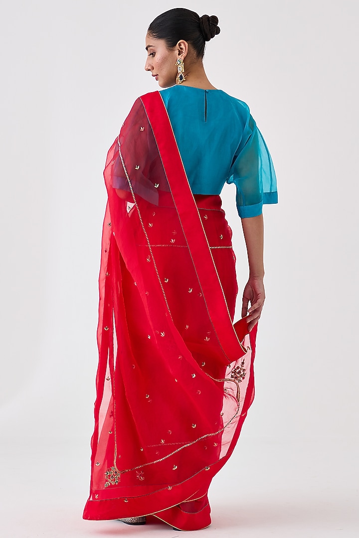 Red Organza Embroidered Wedding Saree by JANKI INDIA at Pernia's Pop Up Shop