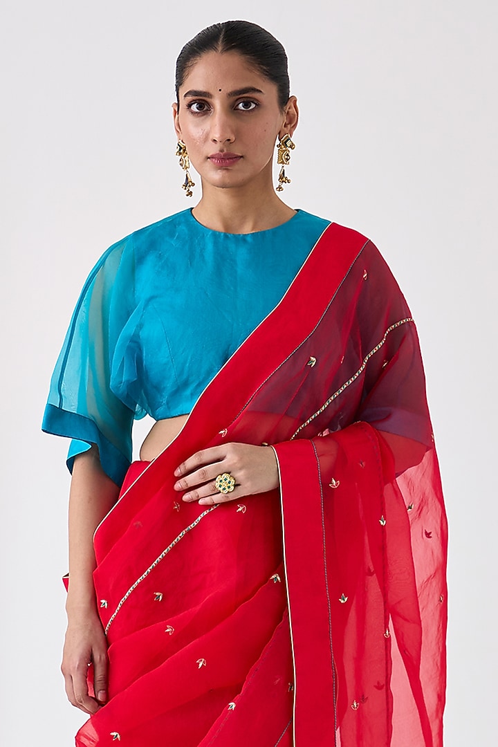 Red Organza Embroidered Wedding Saree by JANKI INDIA at Pernia's Pop Up Shop