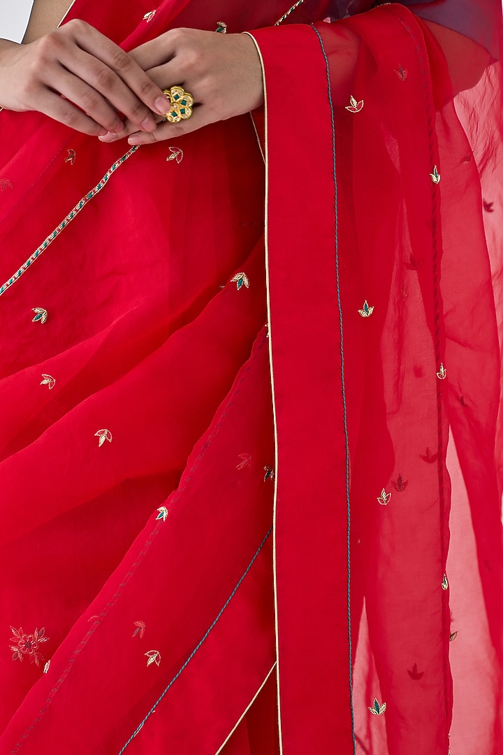Red Organza Embroidered Wedding Saree by JANKI INDIA at Pernia's Pop Up Shop