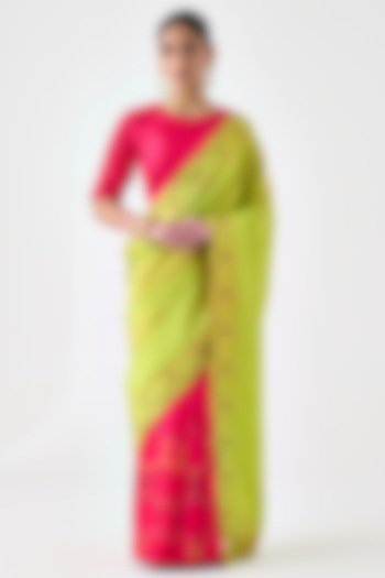 Lime Green & Fuchsia Silk Embroidered Saree by JANKI INDIA at Pernia's Pop Up Shop